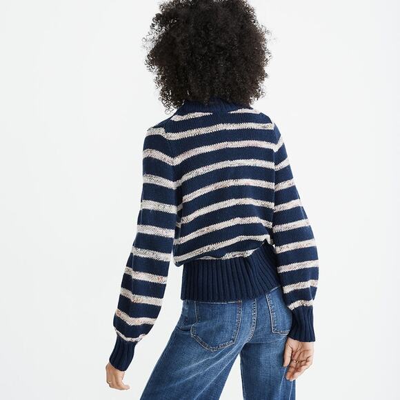 Madewell Blue Striped Wool Sweater XXS Metcalf Mockneck Balloon Sleeve Chunky - Picture 12 of 12
